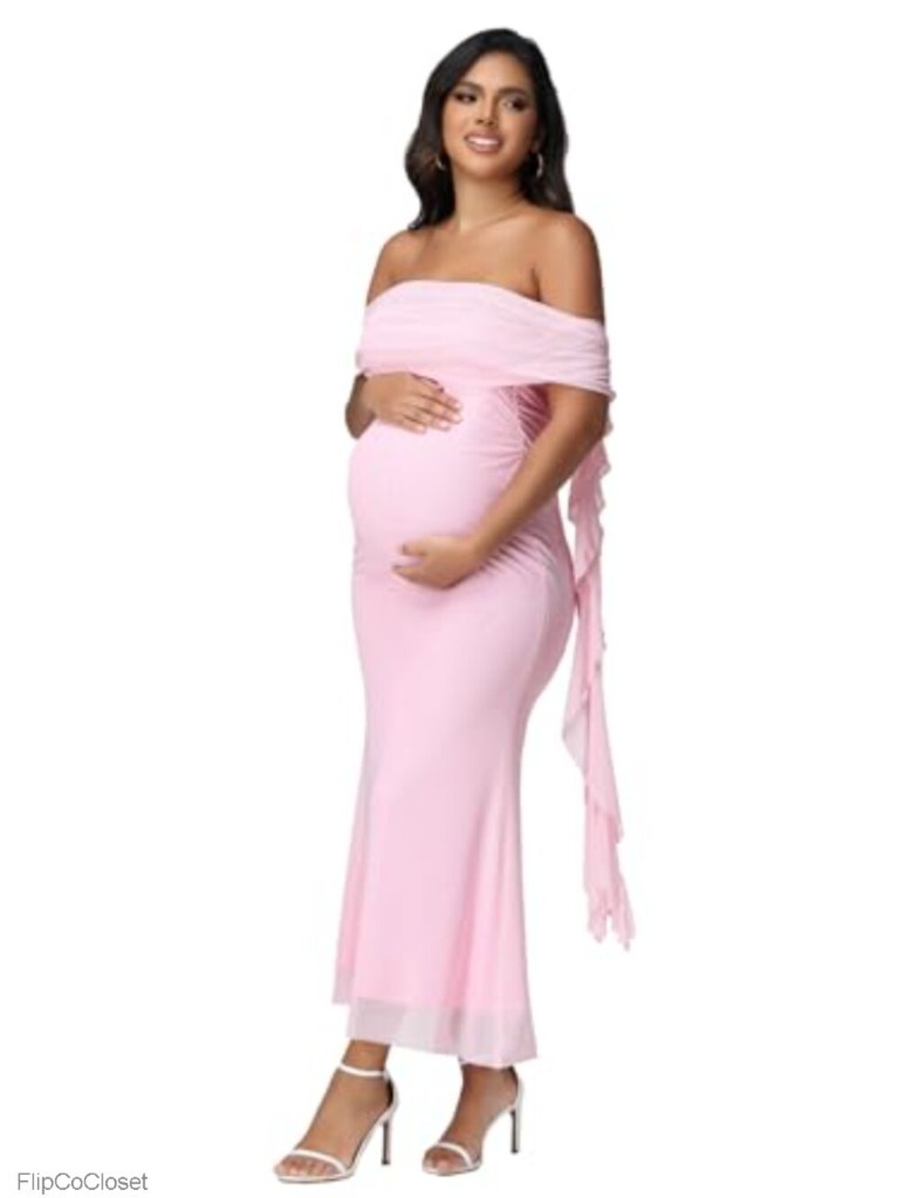 Maternity Off Shoulder Mesh Maxi Dress Baby Shower Photoshoot S-EL
